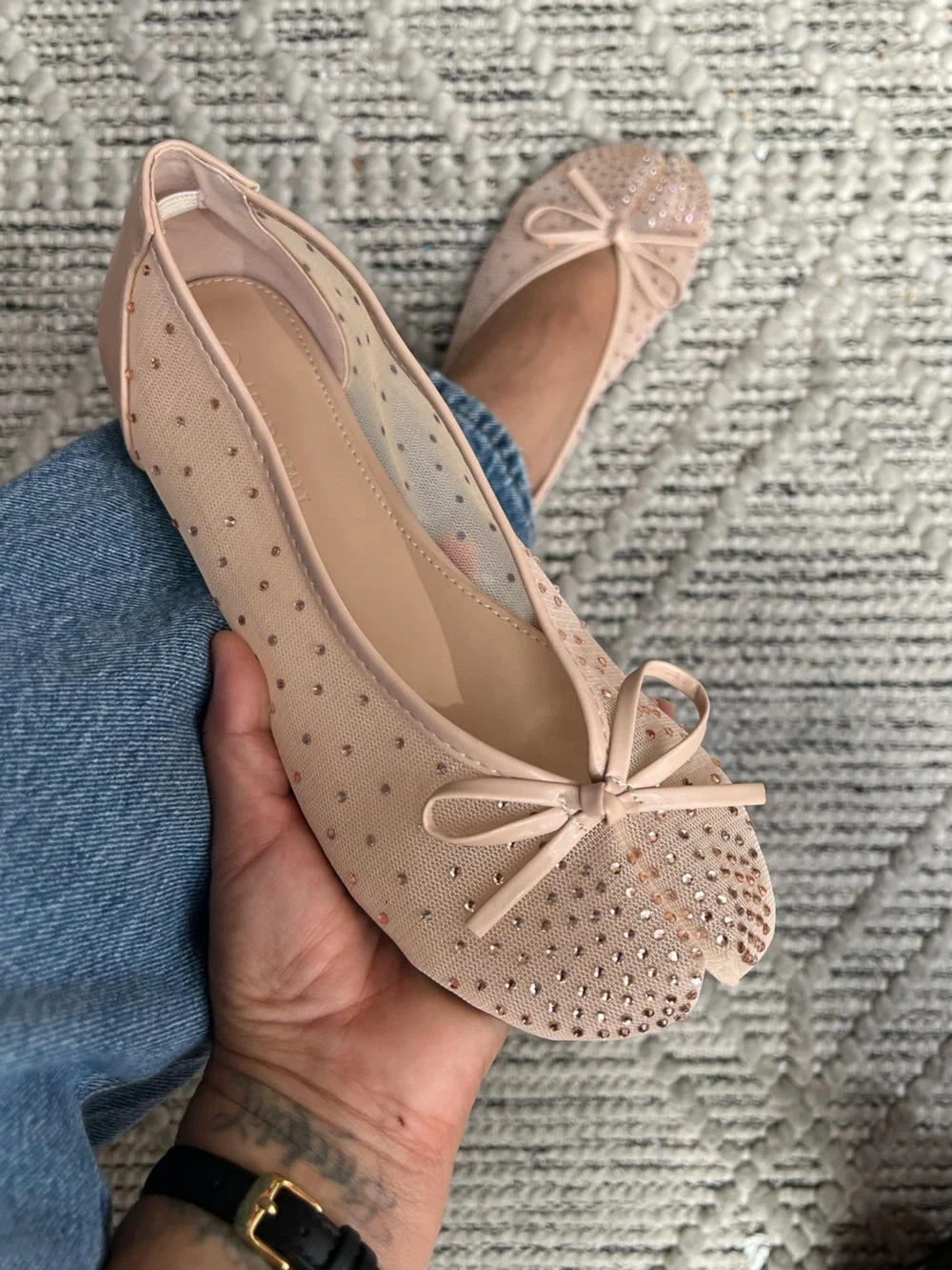 Nude Mesh Tabi Bow with Rhinestone Accents Split Toe Tabis Flat
